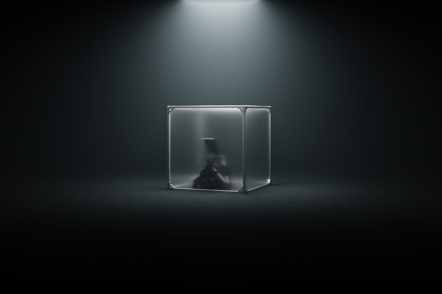 The Confessio cube lit from above in a dark room, a silhouette visible through the polycarbonate